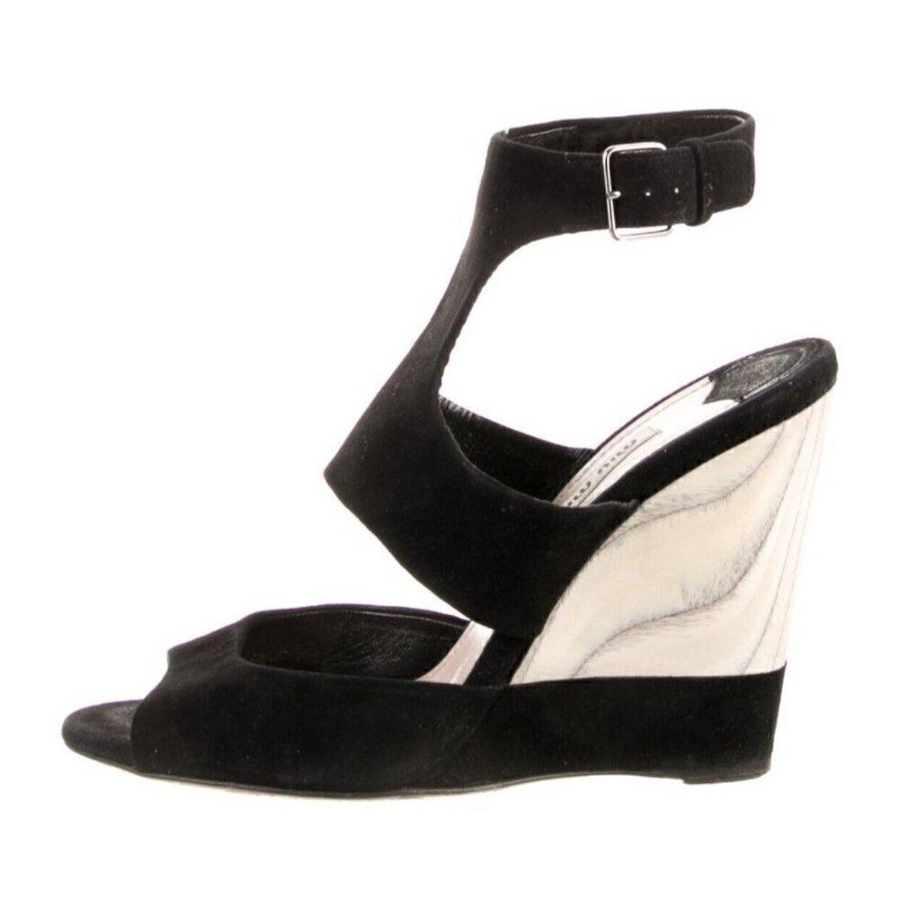 miu miu Authentic Black White Color Block Marble Wedge High Heels Sandals 7
